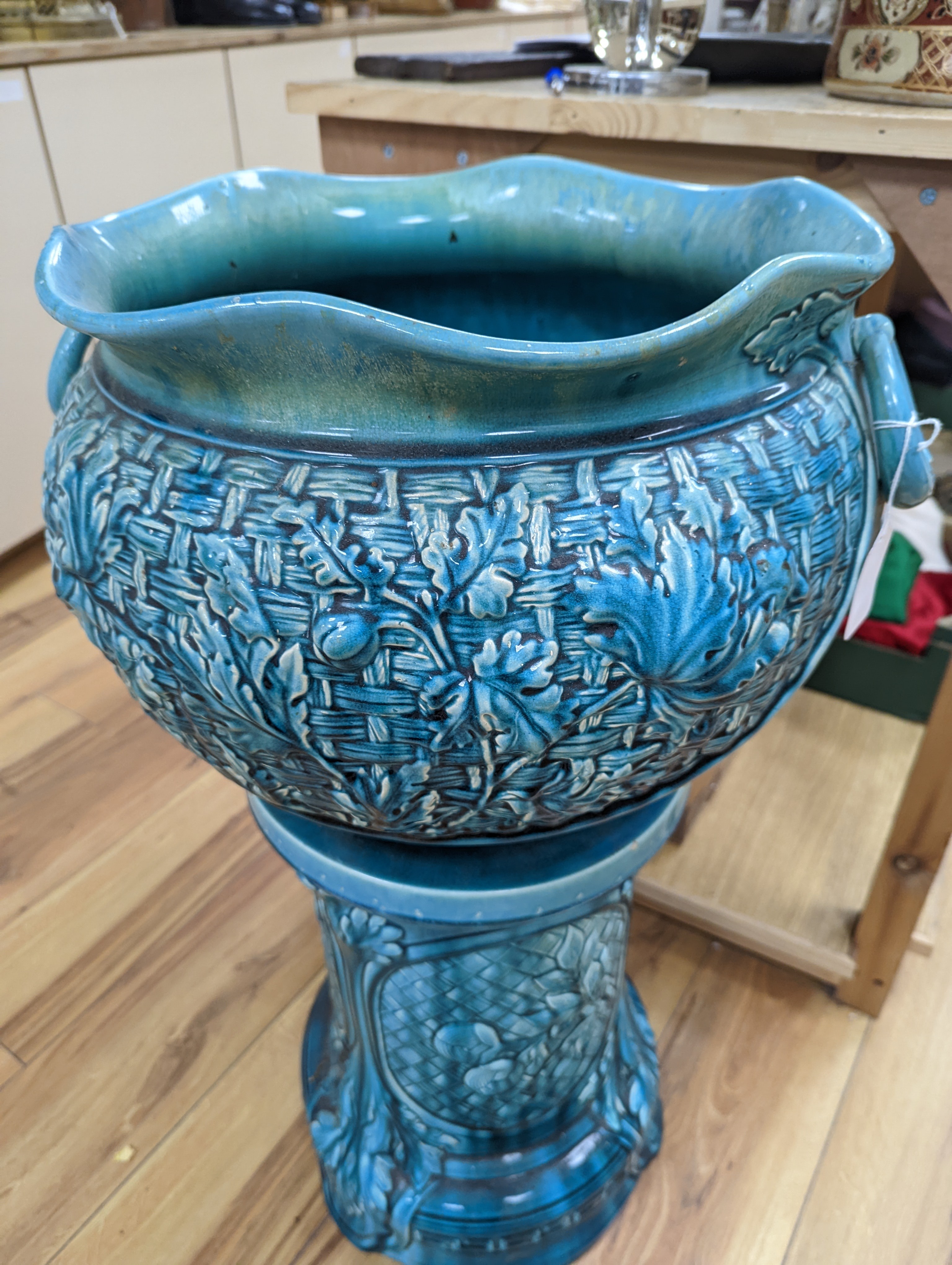 A Bretby turquoise-glazed jardiniere on pedestal 74cm